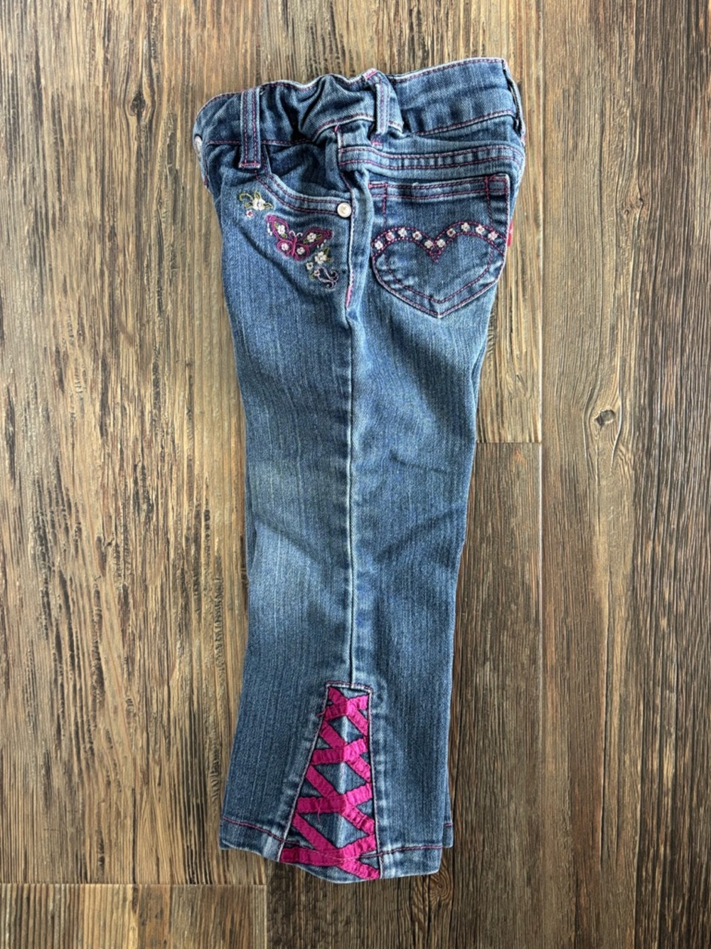 Levis Blue Denim Jeans Girls 3T Pink Stitching Crisscross Butterfly Embroidered - Picture 1 of 11